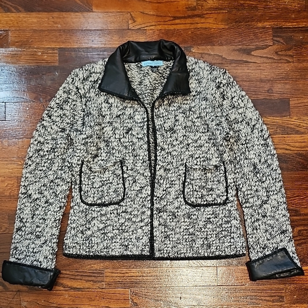 Palmer Jones Monochrome Fuzzy Open Front Cardigan Jacket Faux Leather Trim Med